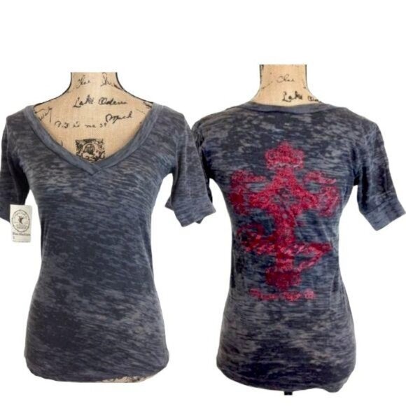 LAST ONE! Cowgirl Tuff‎ Gray Burn Out Victory Cross V Neck Western T Shirt NWT - Picture 1 of 10